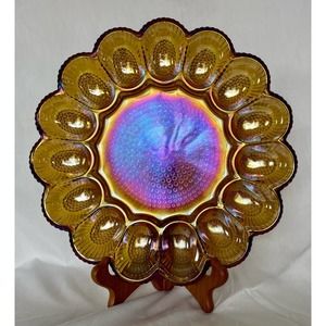 70s Indiana Glass Company Iridescent Marigold Carnival Glass Deviled Eggs Tray